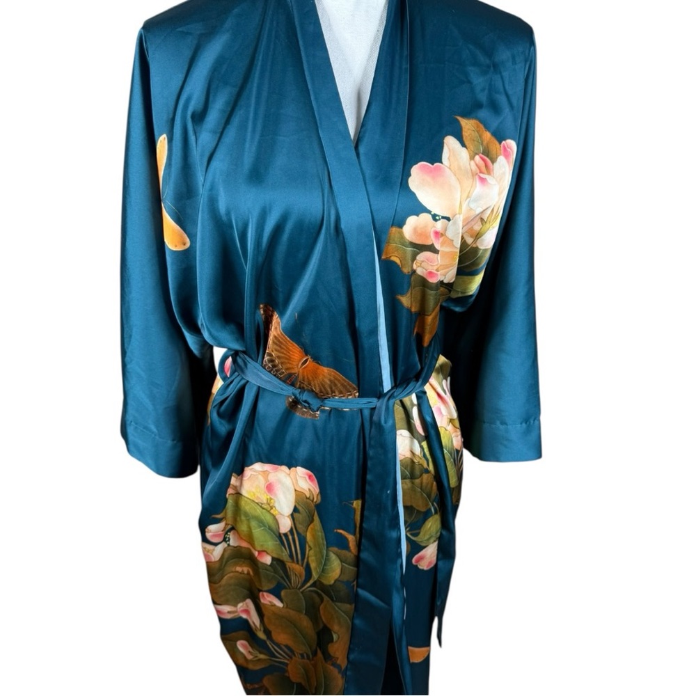 Teal Floral Satin Kimono‎ Robe - Women Intimates & Sleepwear